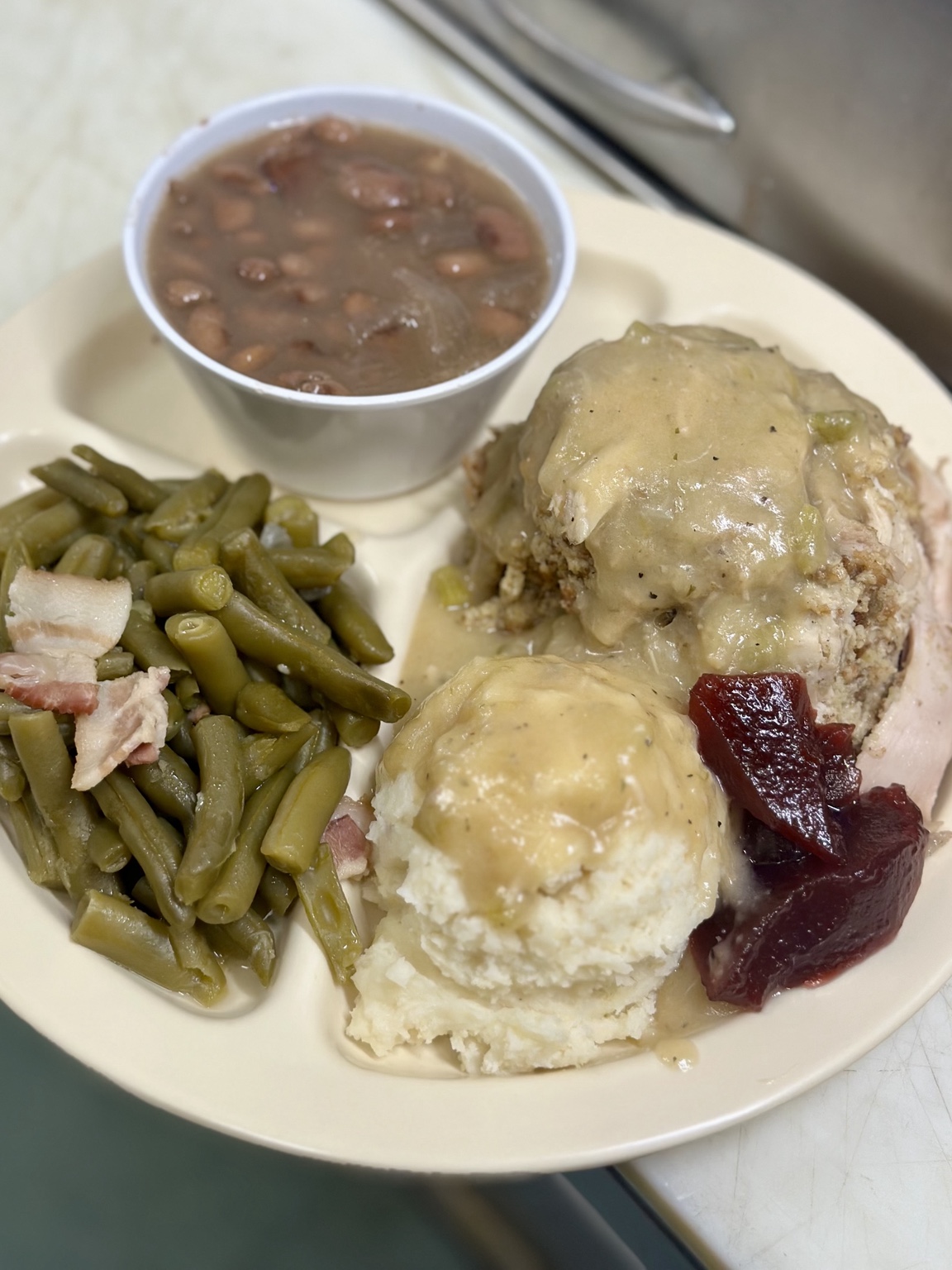 Chicken and dressing with gravy, mashed potatoes, green beans, pinto beans, and cranberry sauce